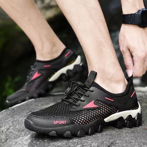 Outdoor Casual Sandals Men 2022 Summer Black Mesh Hollow Breathable Hole Fashion Hiking Sneakers Water Aqua Wading Shoes Fishing - Black - 39