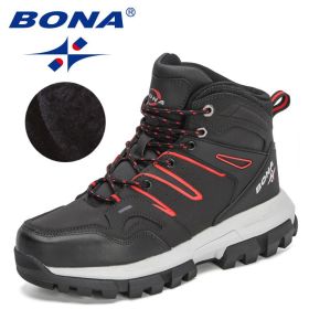 BONA 2022 New Designers Action Leather Brand Winter Warm Snow Boots Men Plush High Quality Hiking Boots Man Outdoor Footwear - Charcoal grey red - 8.5