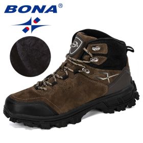 BONA New Designers Genuine Leather Hiking Shoes Winter Sneakers Men Mountain Man Tactical Hunting Footwear Plush Warm Shoes - Brown - 9