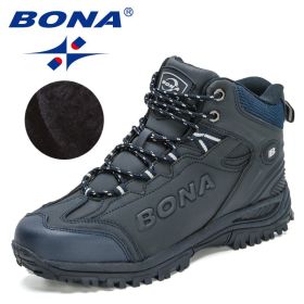 BONA 2022 New Designers Popular Hiking Boots Men Snow Warm Sneakers Man Padded Trekking Winter Action Leather High Top Footwear - Deep blue S gray - 8