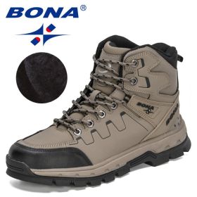 BONA 2022 New Designers Action Leather Hiking Shoes Men Winter Trekking Ankle Boots Man Top Quality Fashion Plush Boots Male - Medium grey black - 8