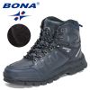 BONA 2022 New Designers Action Leather Hiking Shoes Men Winter Trekking Ankle Boots Man Top Quality Fashion Plush Boots Male - Deep blue S gray - 10.5