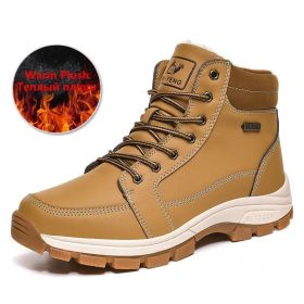 Brand Winter Leather Men Boots Plush Warm Men Snow Boots Outdoor Non-slip Hiking Boots Men Winter Shoes Men Sneakers Size 39-48 - Plush Yellow - 11.5