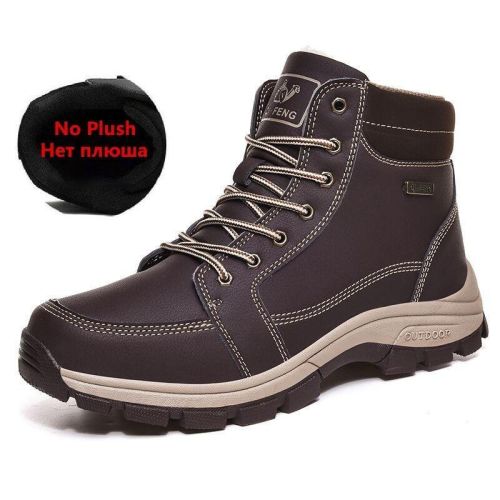 Brand Winter Leather Men Boots Plush Warm Men Snow Boots Outdoor Non-slip Hiking Boots Men Winter Shoes Men Sneakers Size 39-48 - No Plush Brown - 7.5