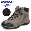 BONA 2022 New Designers Popular Hiking Boots Men Snow Warm Sneakers Man Padded Trekking Winter Action Leather High Top Footwear - Deep blue S gray - 8