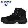 BONA New Designers Genuine Leather Hiking Shoes Winter Sneakers Men Mountain Man Tactical Hunting Footwear Plush Warm Shoes - Deep blue S gray - 10